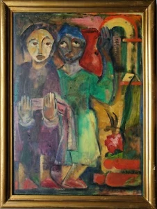 Dipinto olio espressivo figure coppia Babette Sagittario firmato 1970 - Foto 1 di 11