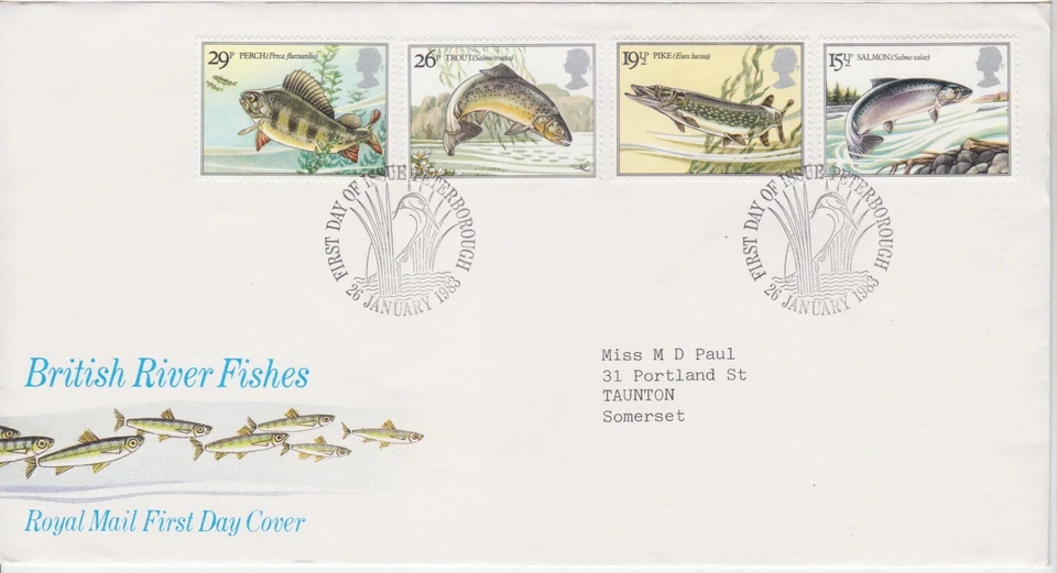 GB ROYAL MAIL FDC 1983 RIVER FISHES STAMP SET PETERBOROUGH PMK - Image 1 of 1