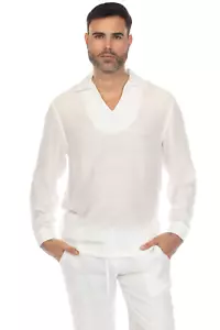 Mojito Men's Beach V-Neck Collar Shirt Long Sleeve with Embroidered Accent - Picture 1 of 11