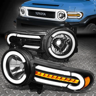 FOR 07-14 FJ CRUISER LED DRL+SEQUENTIAL TURN SIGNAL HEADLIGHT LAMPS BLACK/AMBER - Image 1 of 4