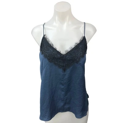 Camiseta sin mangas Express azul seda satinado encaje cuello en V correa de espagueti cami camisola S Foto 1 de 4
