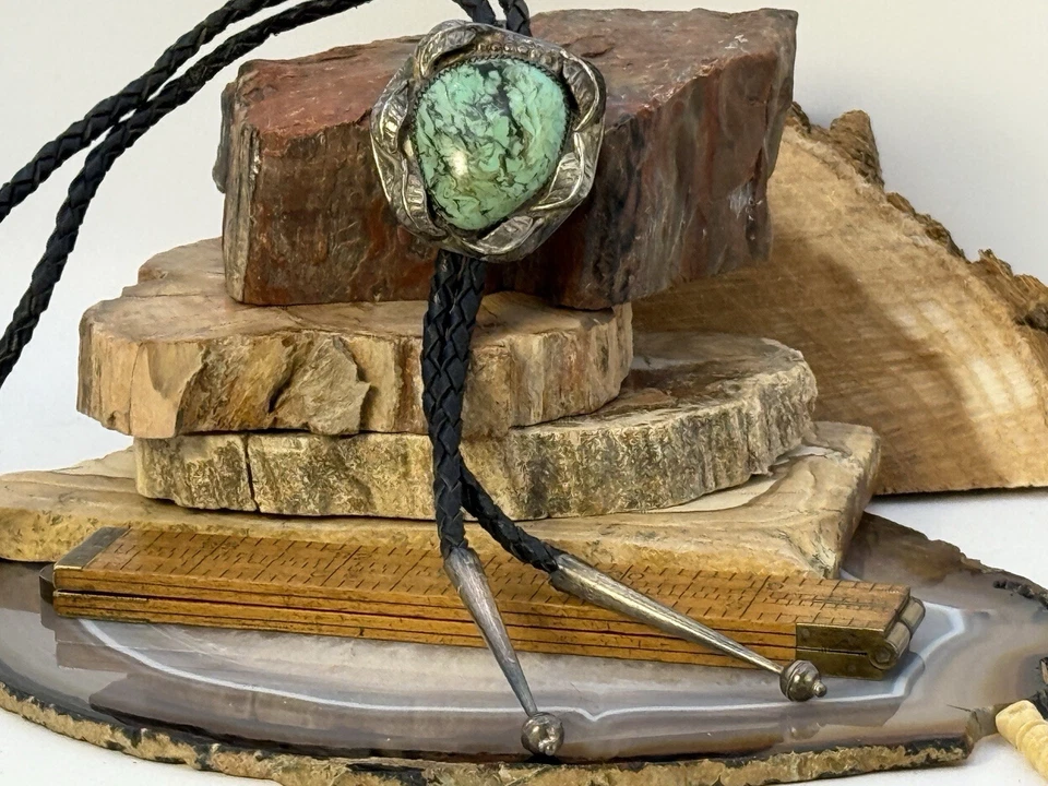 Bolo Navajo Vintage Plata Esterlina Turquesa Verde 36" con Puntas--2LN25.04 Foto 1 de 4