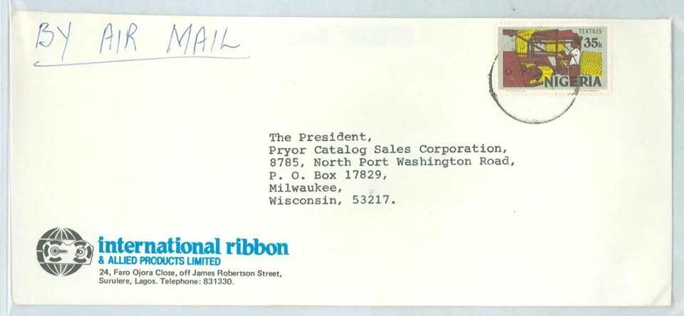 Nigeria Cover, International Ribbon and Allied Products Limited, to Milwaukee - Image 1 of 1