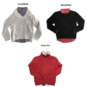 IZOD Boy's 2 Piece Cable Knit Sweater with Multi Color Button Up Shirt Set - Picture 1 of 9
