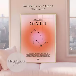 Gemini Zodiac Print / Preppy Trendy Wall Art Poster / A5 A4 A3 Unframed Pink - Picture 1 of 6