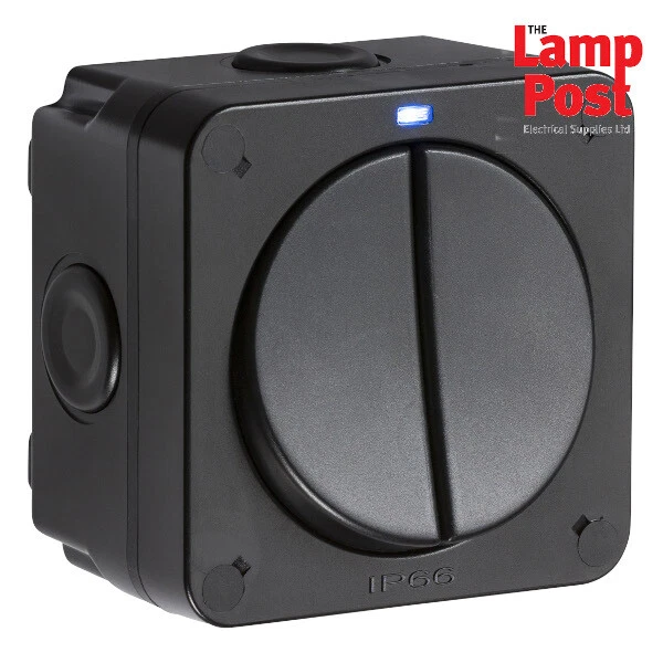 ML OP3 IP66 20AX 2 Gang SP 2-Way Outdoor Garden Light Switch - Black