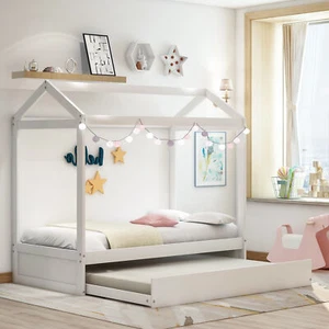 Twin Size House Bed Wood Frame with Trundle for Kids Children Bedroom Furniture - Picture 1 of 16