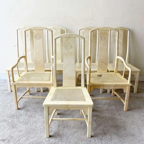 Chinoiserie Cream Lacquered Cane Dining Chairs by Henredon - Set of 7 Cover