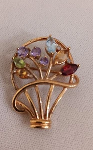 Sterling Silver 925 Gold Vermeil Multi Gemstone Flower Basket Bouquet Pin Brooch - Picture 1 of 5