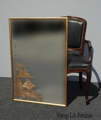 Vintage Hollywood Regency Chinese Asian Gold Etched Mirror w Bamboo Style Frame Cover