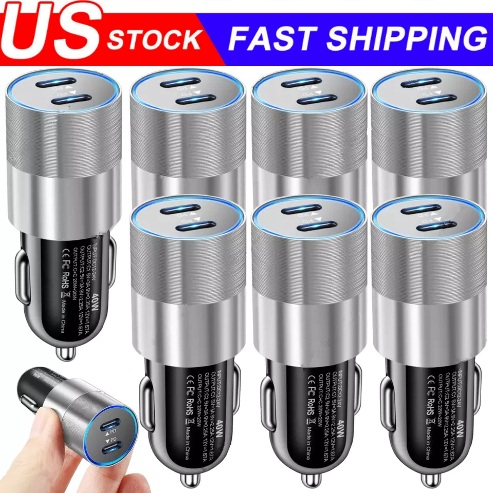 LOTE Adaptador Cargador Coche Rápido Para iPhone iPad Android Samsung 40W Doble USB Tipo-C Foto 1 de 4