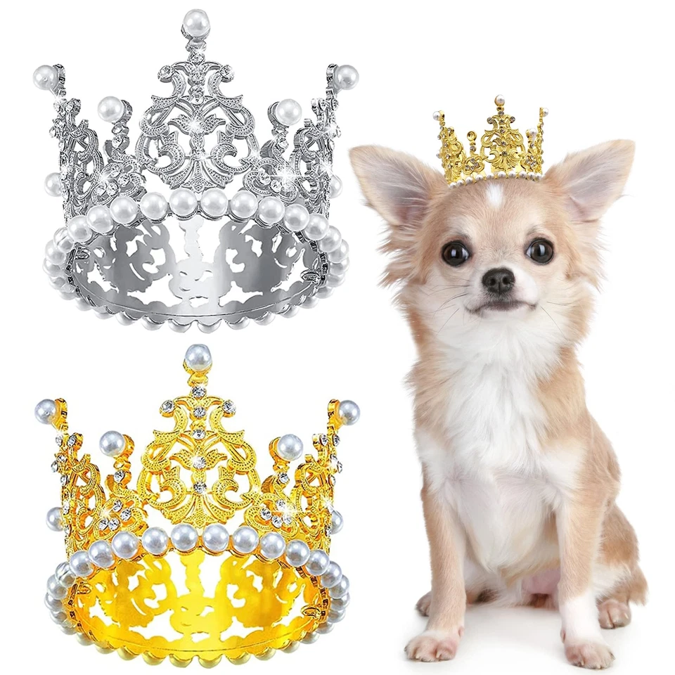 2 PCS Medium Dog Crown Headband Faux Pearl Rhinestone Birthday/Wedding Silver - Image 1 of 4