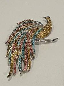 VINTAGE EARLY RHOIDUM PLATED AND RHINESTONE BIRD OF PARADISE BROOCH - Picture 1 of 4