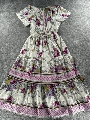 Anthropologie Dress Womens Small White Purple Yellow Floral Cotton Blouson New * - Image 1 of 4