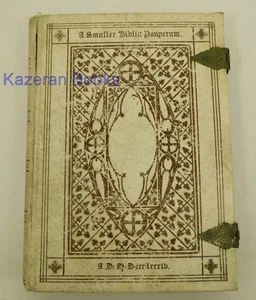 Antique Victorian Smaller Biblia Pauperum Vellum Book With Clasps Woodcuts 1884 - Picture 1 of 21