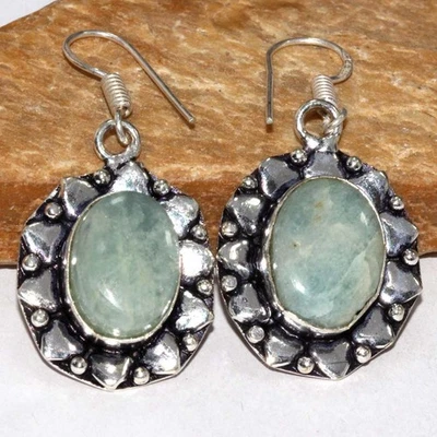 Pendientes hechos a mano aguamarina enchapados en plata 925 piedras preciosas 1,6" regalo étnico GW Foto 1 de 3