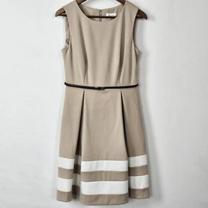 Calvin Klein Khaki Pointe Sleeveless Dress Belted Fit Flare A Line Womens Sz 6 - Picture 1 of 17