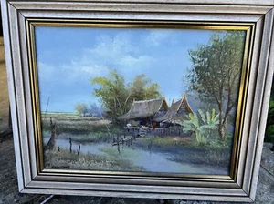 VINTAGE ARTWORK OIL CANVAS P YODMONBHOP ASIA AFRICA HUTS SIGNED ORIGINAL - Picture 1 of 9