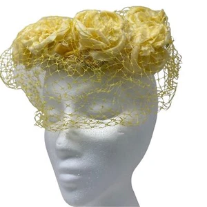 Yellow Silk Floral Hat Veiled Half Hat Fascinator Derby Vintage 50s 60s  - Picture 1 of 5