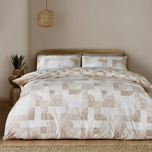 Catherine Lansfield Sloane Geo Reversible Duvet Cover Bedding Set Natural - Picture 1 of 12