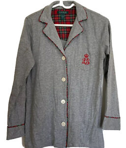 Ralph Lauren Women’s Small Pajama Shirt Cotton Jersey Gray Red Plaid Trim Logo