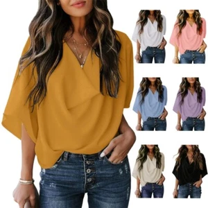 Women Flared Half Sleeve Shirt Casual Loose Drape Cowl Neck Blouses Tops - Picture 1 of 47