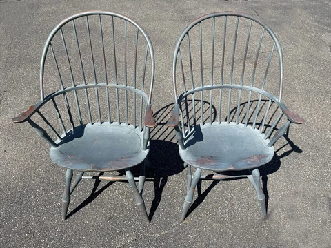 Pair of D. R. Dimes sack back Windsor arm chairs original dry gray blue over red Cover