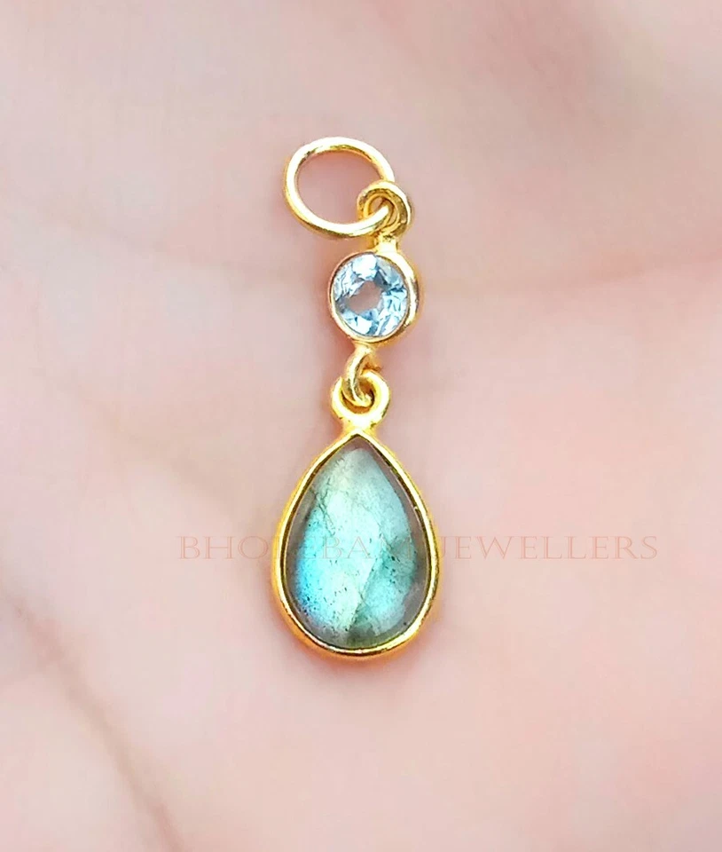 Natural Labradorite And Blue Topaz Necklace, 18k-Yellow Gold Handmade Pendant - Image 1 of 4