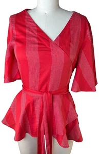 Camicia Ann Taylor Loft rossa e bianca a righe in cotone avvolgente - Foto 1 di 5