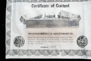 Vintage Kit-Kat Style Tri-State Refining 10 oz .999 Silver Bar with Certificate - Picture 1 of 2