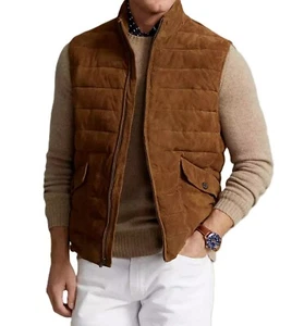 Men's Brown Suede Leather Quilted Puffer Vest Soft Suede Waist Coat Ziper Jacket - Picture 1 of 9
