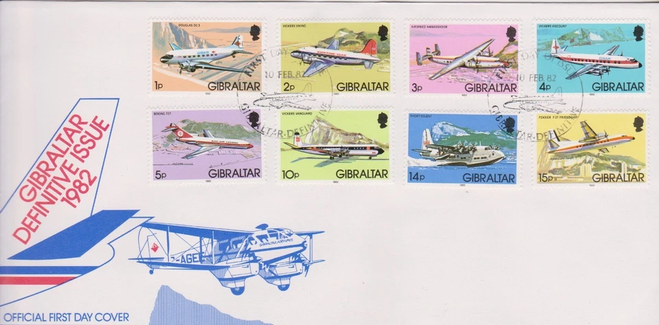 GB - GIBRALTAR 1982 Aircraft/Definative's Low Value 1p to 15p SG 460-467 FDC - Image 1 of 1