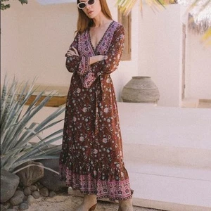 Aura Size XL Brown Floral Print Long Sleeve V-Neck Moroccan Wrap Maxi Dress Boho - Picture 1 of 12