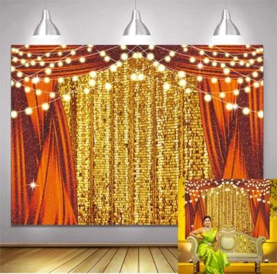 Gold Indian Diwali Backdrop Traditional Indian Wedding Tulle Curtains Decoration - Image 1 of 4