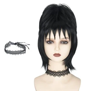 Women Short Straight Black Wig with Bun and Choker Party Halloween Wigs - Picture 1 of 8