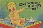 Come On Down The Water's Fine Baby Comic Art Joke 1940s Vintage Postcard