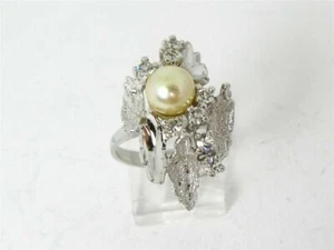 Estate Sterling Silver 925 7mm Pearl & CZ Ladies Ring 6.4g - Picture 1 of 3