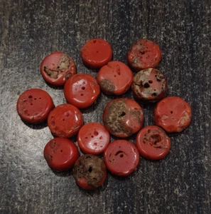 15 Old Stock Mediterranean Sea Red Coral Button Shape Beads-Genuine Coral Beads - Picture 1 of 12