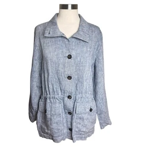 Lands End Jacket Womens Large Blue Linen Chambray Button Up Cinched Waist - Picture 1 of 10