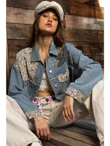 POL CLOTHING LACE FLORAL PATCHWORK BUTTON-DOWN DENIM JACKET SIZE MEDIUM-CUTE!!! - Picture 1 of 10