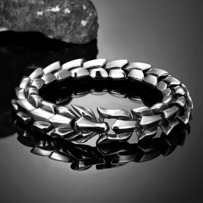 Ouroboros Dragon Head Bracelet Men Punk Stainless Steel Wristband Vikings Bangle - Image 1 of 4