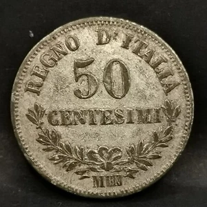 50 CENTESIMI SILBER 1867 M MAILAND VICTOR EMMANUEL II ITALIEN / ITALIA SILVER - Bild 1 von 2
