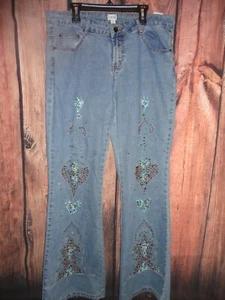 Jeans blu Cache taglia 10 fortemente impreziositi da perline taglio svasato/stivale - Foto 1 di 7