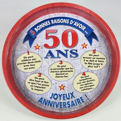 Novelty Happy Birthday For 50 Years Colourful Tin Serving Tray In French - Image 1 of 4