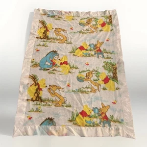 Rare Vintage Winnie the Pooh Baby Crib Blanket Satin Trim 80’s 38x49 Needs TLC - Picture 1 of 11