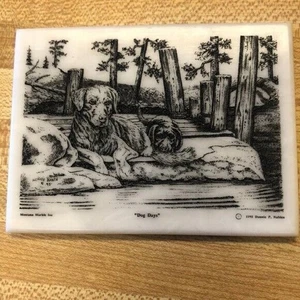 Etched " Dog Days" Stone Tile Montana Marble Inc 1995 Vintage Unique hunting dog - Picture 1 of 3
