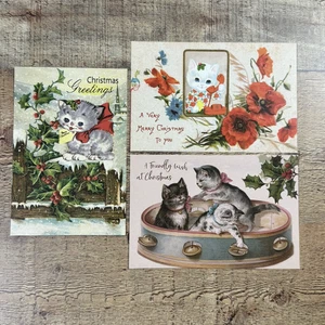 3 Weihnachtspostkarten Vintage inspiriert anthropomorphe Katzen Kätzchen Postkarte Lot - Bild 1 von 10