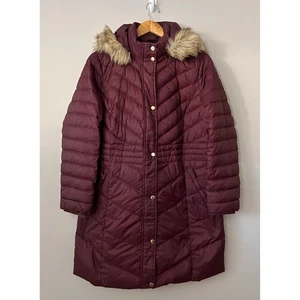 Talbots Womens 1X Burgundy Red Puffer Coat Faux Fur Hood Down Fill Jacket Winter - Picture 1 of 11