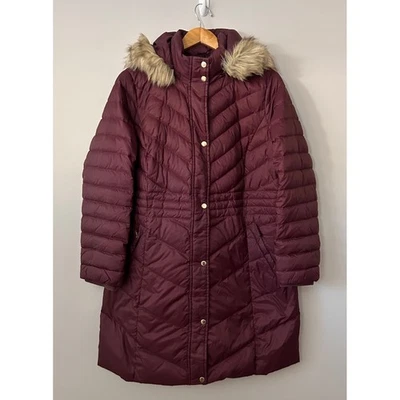 Talbots Womens 1X Burgundy Red Puffer Coat Faux Fur Hood Down Fill Jacket Winter - Image 1 of 4