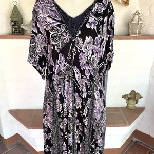1X Casual Boho Plus Size Dress Black Floral India Crepe Lounge Patio House - Picture 1 of 5